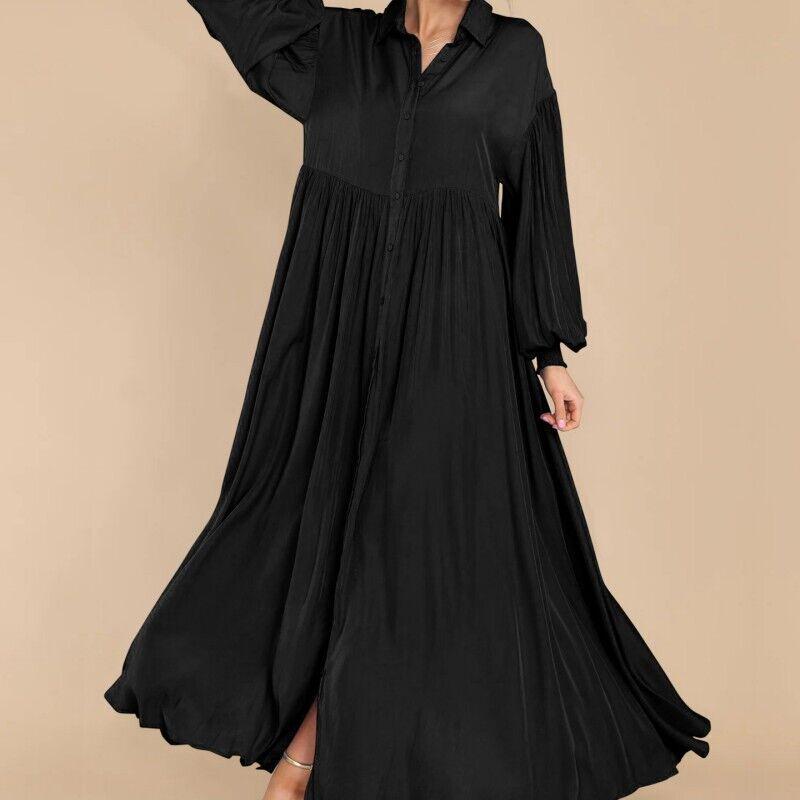 Women's Casual Button-Lapel Solid Color Pleated Long Sleeve Maxi Dress
