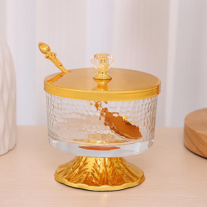 Golden Glass Seasoning Jar with Lid Metal Candy Box Kitchen Salt Sugar Jar Soy Sauce Vinegar Bottle Room Decor Fruit Snack Box