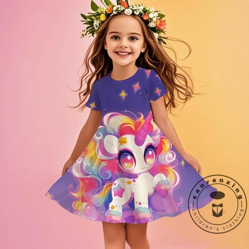 3D Printed Unicorn Short Sleeved Dress Cute Girls' Clothing Children's Party Wear Daily Princess Dress Skin Friendly Breath