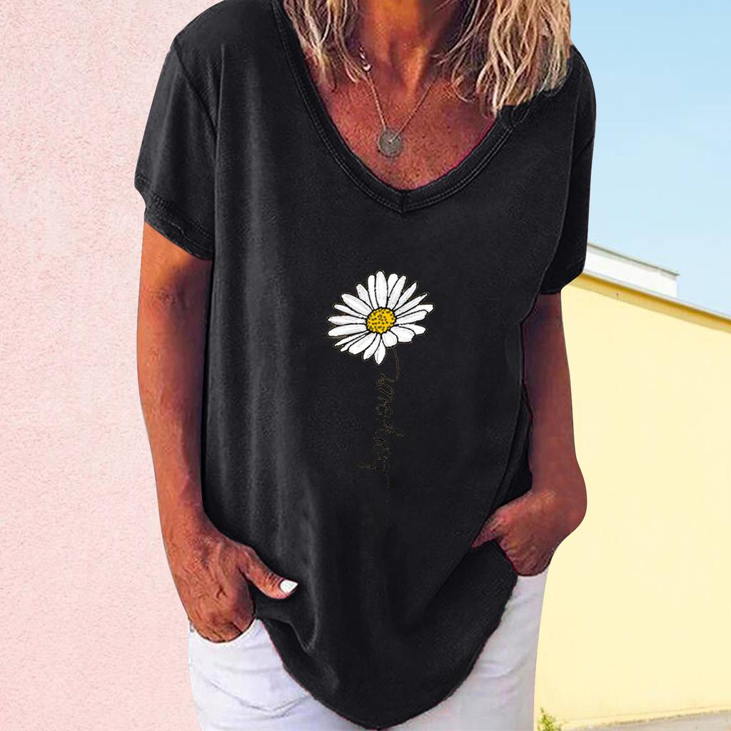 Women V-neck Casual Short-sleeved Small Print Loose Pullover T-shirt Tops