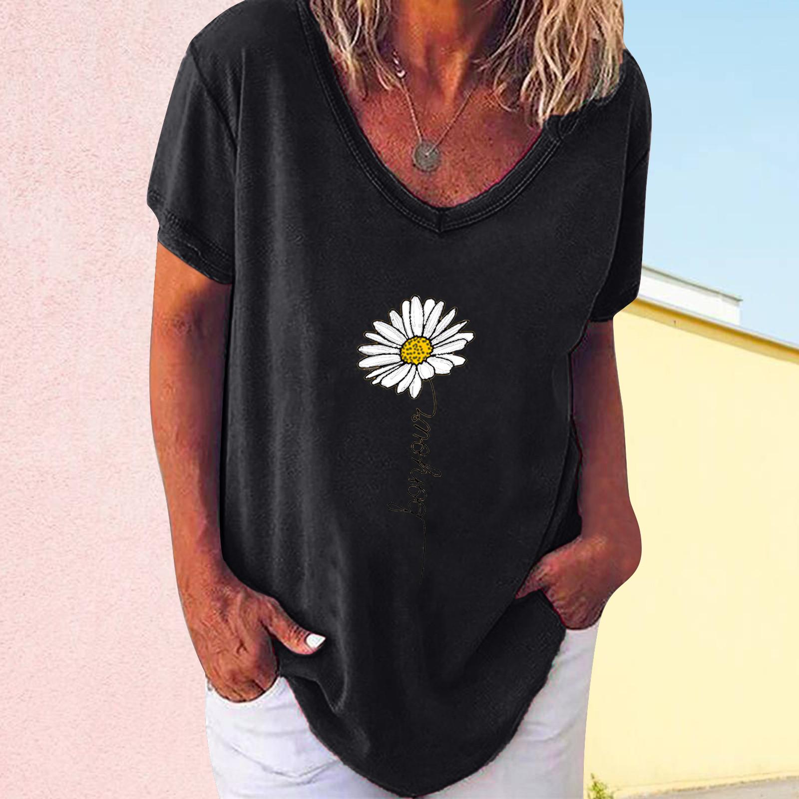 

Women V-neck Casual Short-sleeved Small Print Loose Pullover T-shirt Tops XXXXXL чёрный