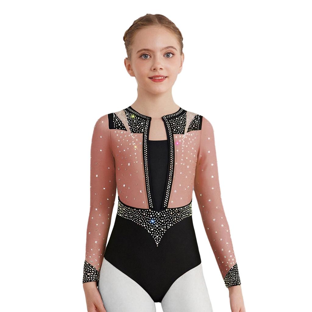 Girls Gymnastics Leotard Long Sleeve Keyhole Back Shiny Rhinestones Figure Skating Dancewear