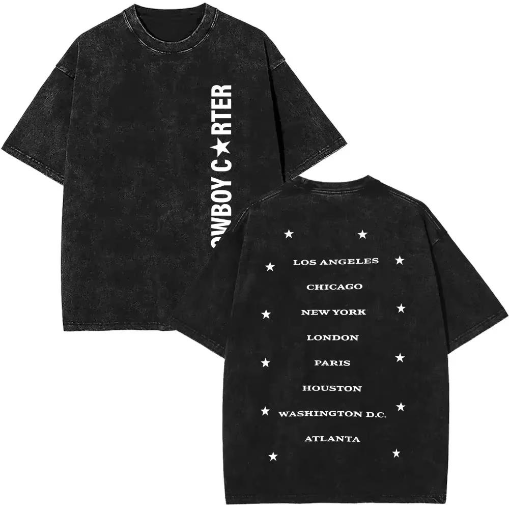 Singer Beyonce Pop Music Album Logo Washed Tshirt Cowboy Carter T Shirts Men Vintage Oversized Tee Shirt Casual Cotton Tshirts