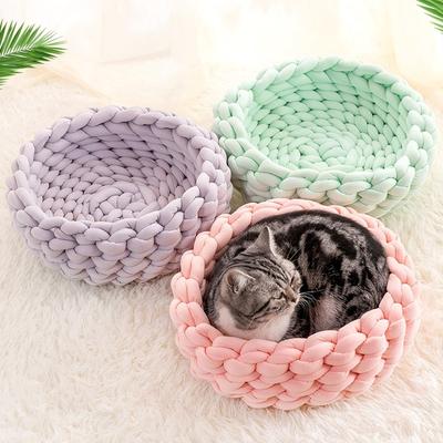 El Dokuması Evcil Kedi Yuvası Yıkanabilir Kaba Kumaş Şerit Köpek Yatağı Küçük Köpekler Yavru Kedi için Evcil Hayvan Kulübesi Taklit Rattan Örgü Sepet