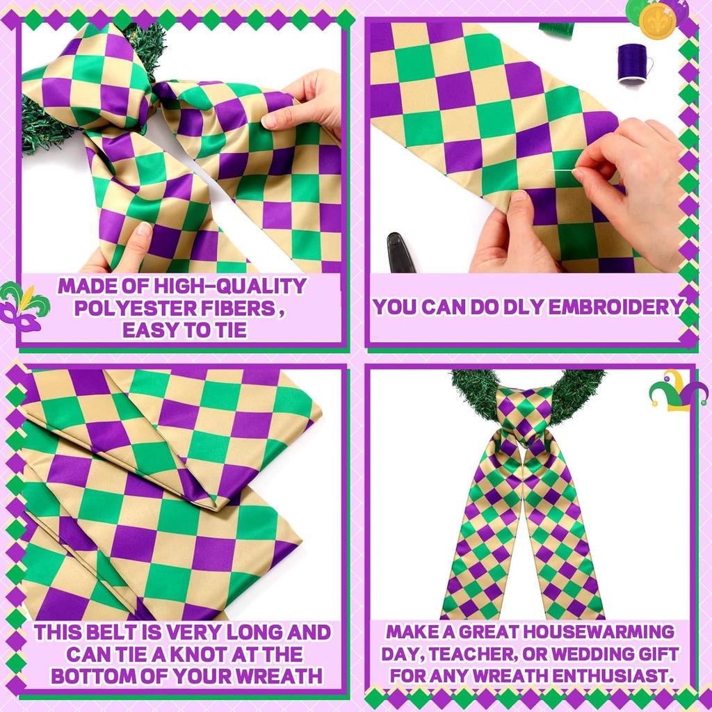 2 Pcs Mardi Gras Sash for Wreath Glitter Purple Green Plaid Scarf for Front Door Mardi Gras Gift Carnival Wreath Decor Carnival Party Decor Yard Wall