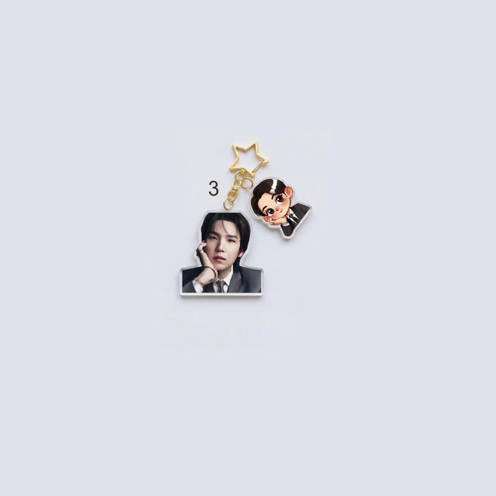 BTS Double-Charm Keychain, Bangtan Boys Photo & Cartoon Suit Figure Keyring with Star Hook, Kpop Idol Bag Pendant for ARMY Fans