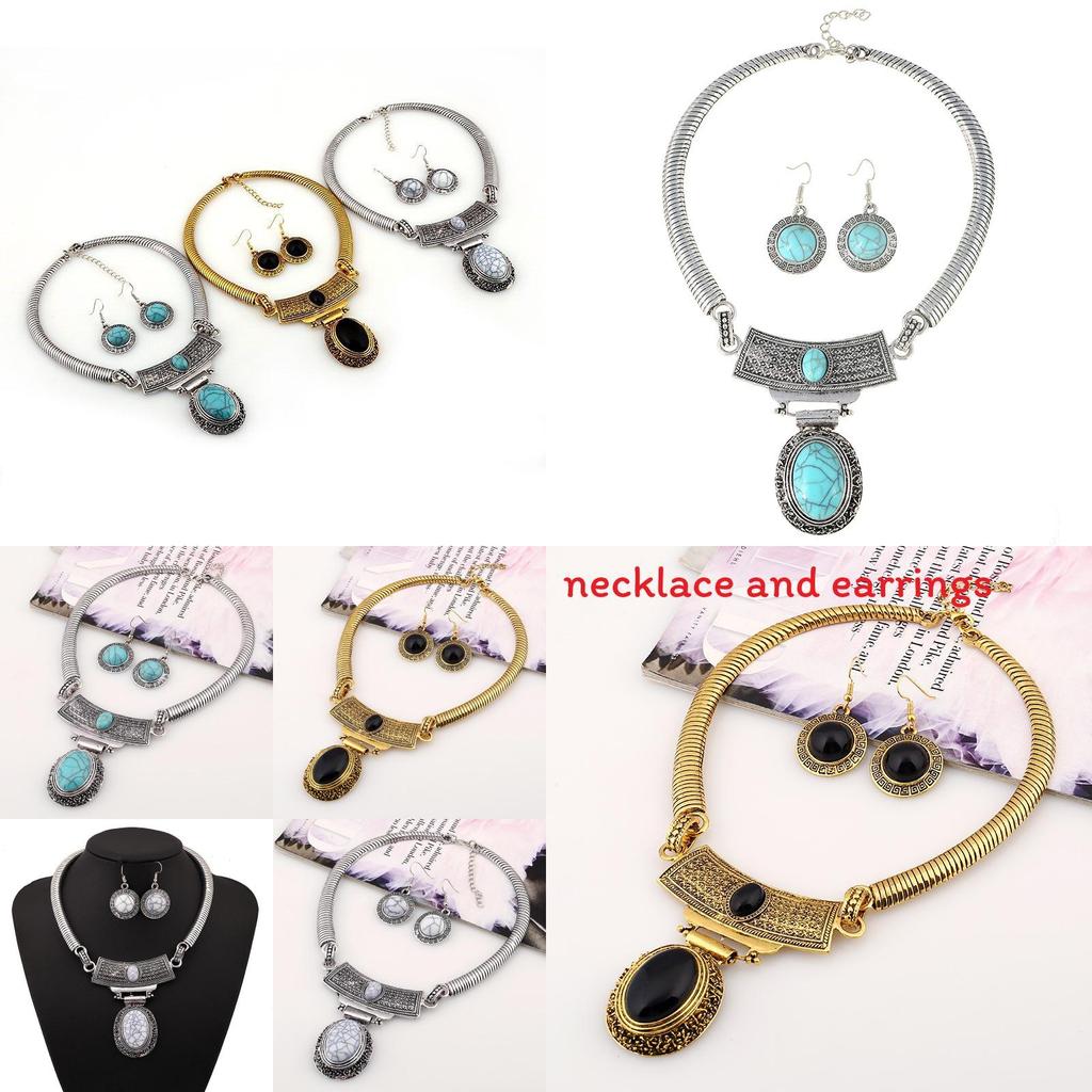 Etnisk Stil Simulering Ädelstensprydnad Dam Halsband och Örhänge Set För Män och Kvinnor
