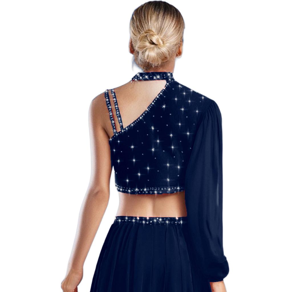 Damen Zeitgenössischer Tanz Top Asymmetrisch Transparentes Mesh Langarm Buntes Strass Crop Top