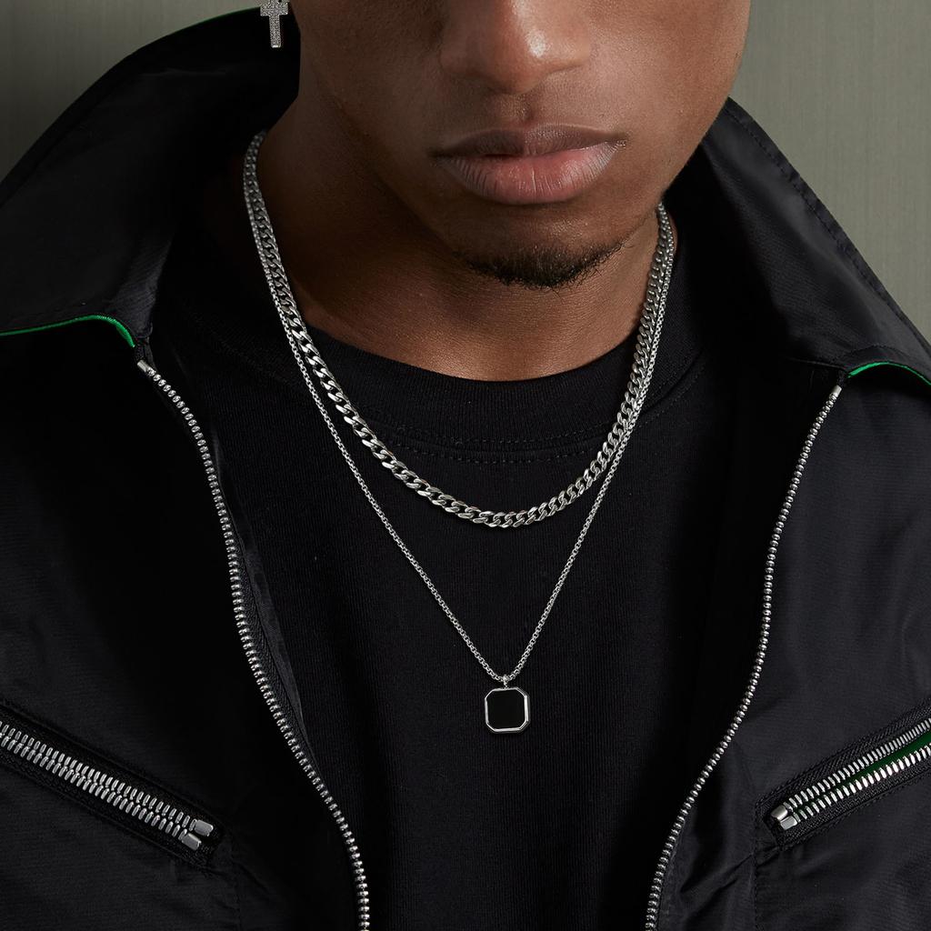 Vnox Stylish Mens Geometric Necklace with Black Enamel, Stainless Steel Metal Double Layered Chain Collar, Unique Gifts for Men
