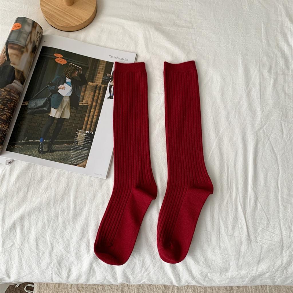 Ankara Red Double-Needle Calf Socks Trendy Fashion Legs Shaping Vertical Striped Women'S Knee Socks