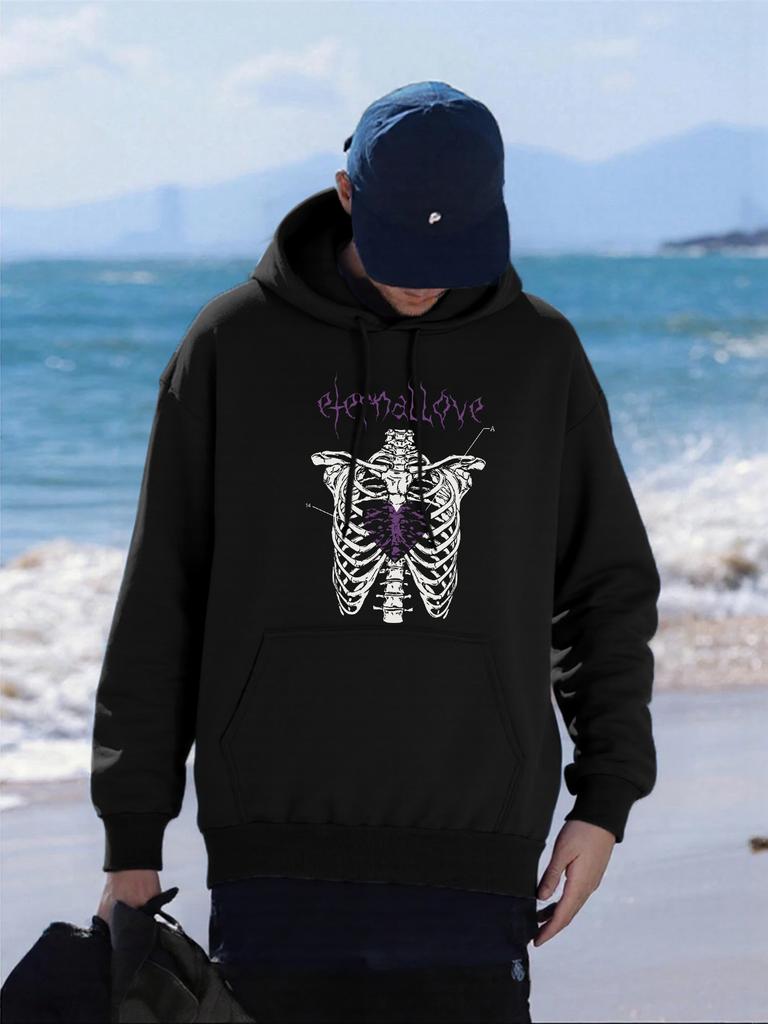 Love Heart Skeleton Print Men Hoody Comfortable Loose Hoodies All-Match Pocket Man Pullovers Fleece Autumn Unisex Sportswear