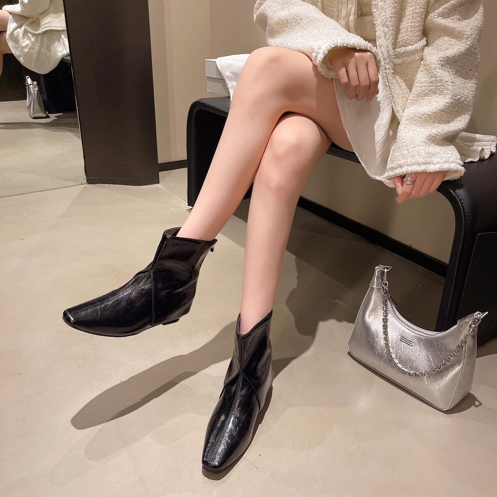 First layer cowhide cat and short boots women's and bare boots autumn and winter new square head side zipper thin heel women's single boots short bo