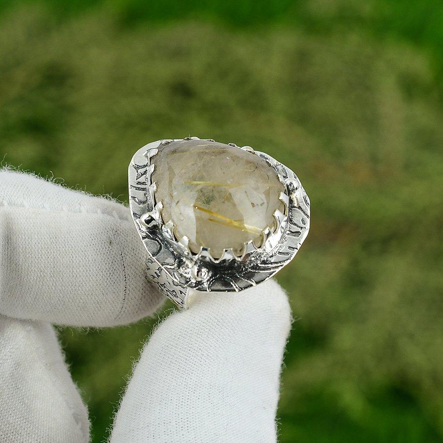 

925 Sterling Silver Pear Golden Rutile Stone Promise Wedding Ring Jewelry US 8.5 8.5