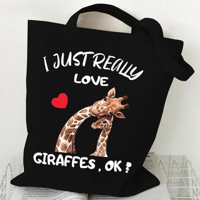 Shopping Bag Giraffe Fashion Cartoon Canvas Portable Tote Bag Women Men Street Aesthetics Style Giraffe Reusable Student Handbag