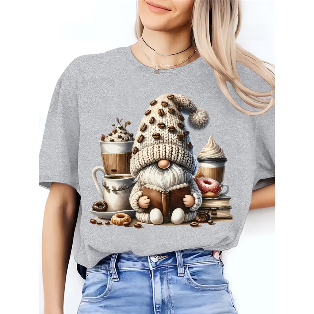 Coffee Gnome T-Shirt - Casual Round Neck Summer Top with Reading Gnome & Coffee Bean