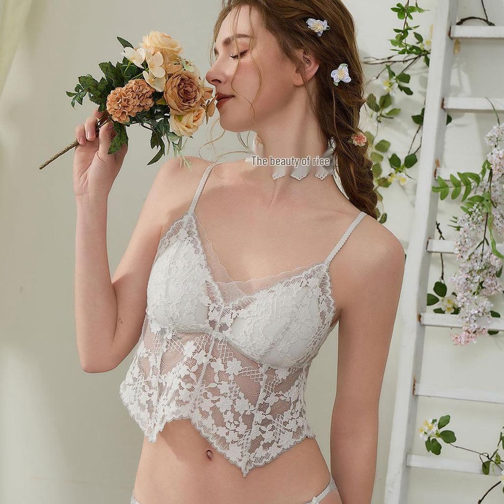French Pure Desire Floral Lace Spaghetti Strap Triangle Cup Lingerie Set - Invisible Back Buckle Bra & Beautiful Back Design
