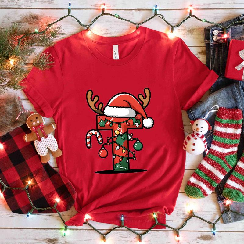 Womens Christmas AZ Alphabet Printed Tshirt Casual Holiday Fashion Tee Santa Letter Print Xmas Party Y2k Tops for Female S