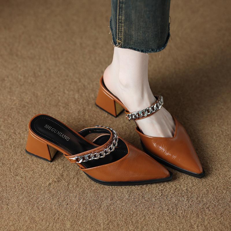 6001-5 Premium Baotou Half Slippers Women's Summer Wear Light Luxury Mary Jane Temperament Versatile Pointed Sandals