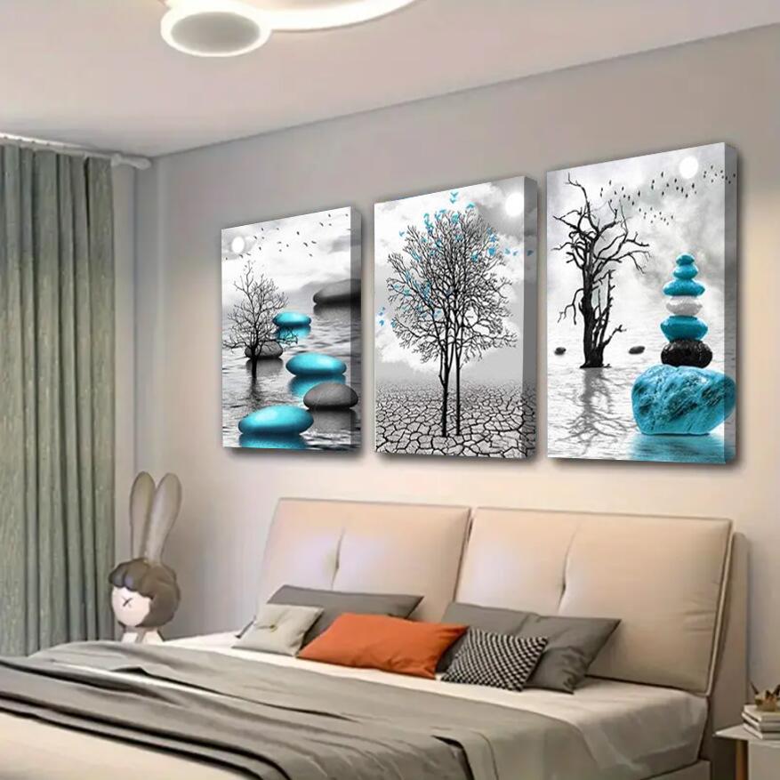 Abstrakte Landschaft Berge & Wasser: Set von 3 gerahmten Leinwandbildern, Massivholz-Innenrahmen, Wanddekoration für Sofahintergrund.