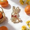 Easter Bunny Rhinestone Brooch,Gold Tone Rabbit Lapel Pin with Pearl & Red Bow for Women
