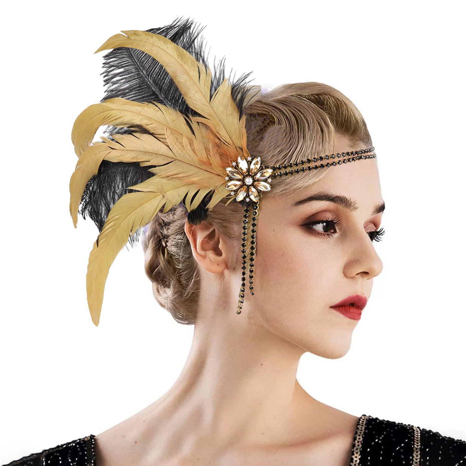 1920s Masquerade Ball Black Feather Headband for Women - Halloween Party Bestseller золотой