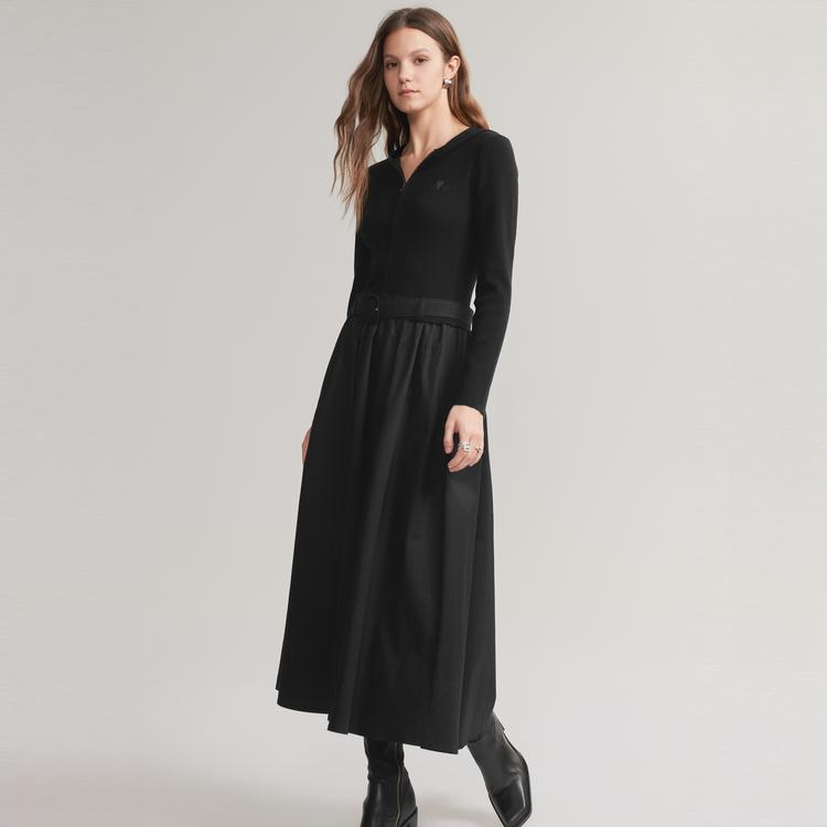 ELLE Color Block Flared Knit Long Sleeve Dress Women Dresses Black EL49438