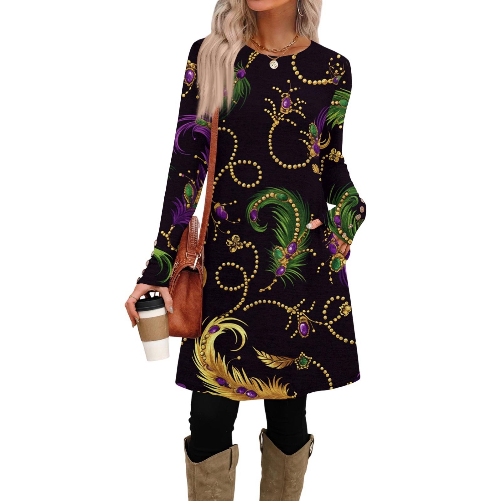 

Женское модное повседневное платье с карманом, декоративными пуговицами, круглым вырезом, длинным рукавом и принтом L чёрный