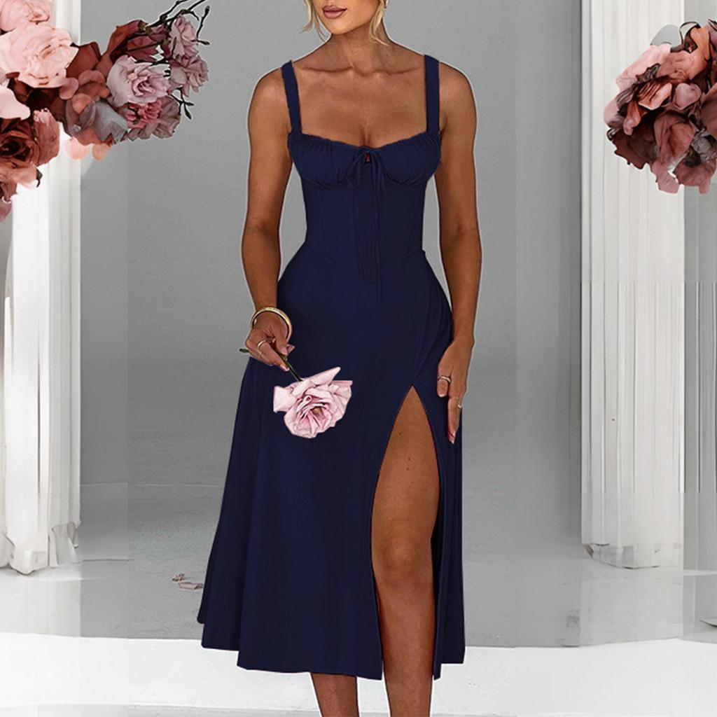 Sukienka damska w jednolitym kolorze, wiązana, dopasowana, z rozcięciem na ramiączkach