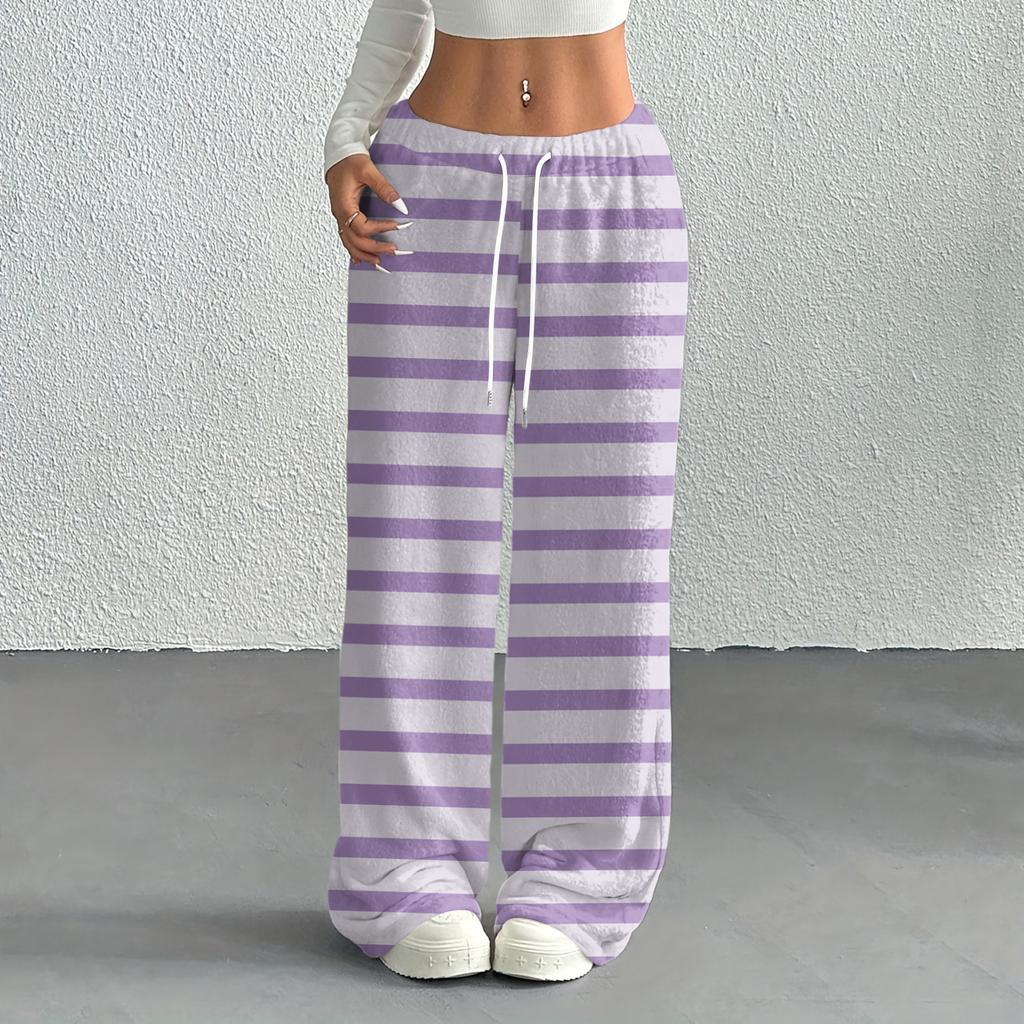 Women's Casual Fashion Printed Elastic Waist Loose Straight Leg Pants With Rope