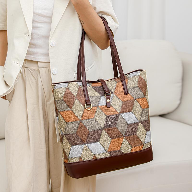 Vintage Velkokapacitní Tote Bag Color Block Dámská taška přes rameno Patchworková kabelka