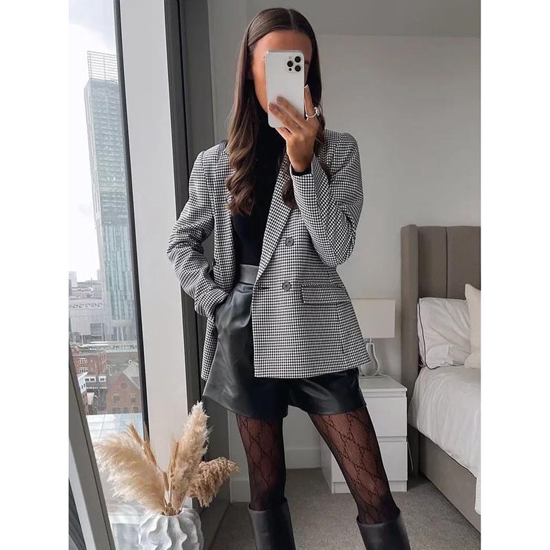 Women Plaid Blazer Autumn Winter Long Sleeve Double Breasted Checked Coat Formal Jacket Suit Lady Outerwear