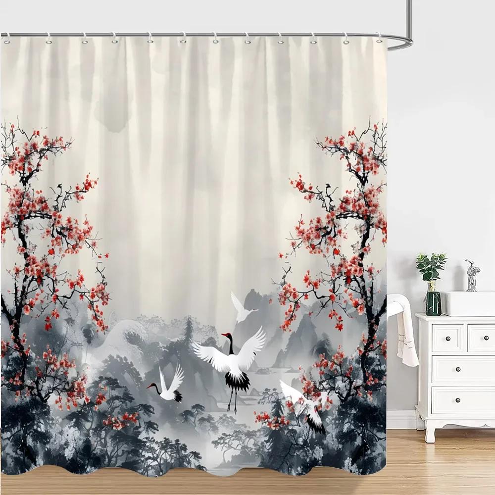 Chinese Japanese Ink Painting Shower Curtain Red Plum Blossom Art Painting Retro Style Polyester Shower Curtains Bathroom Decor