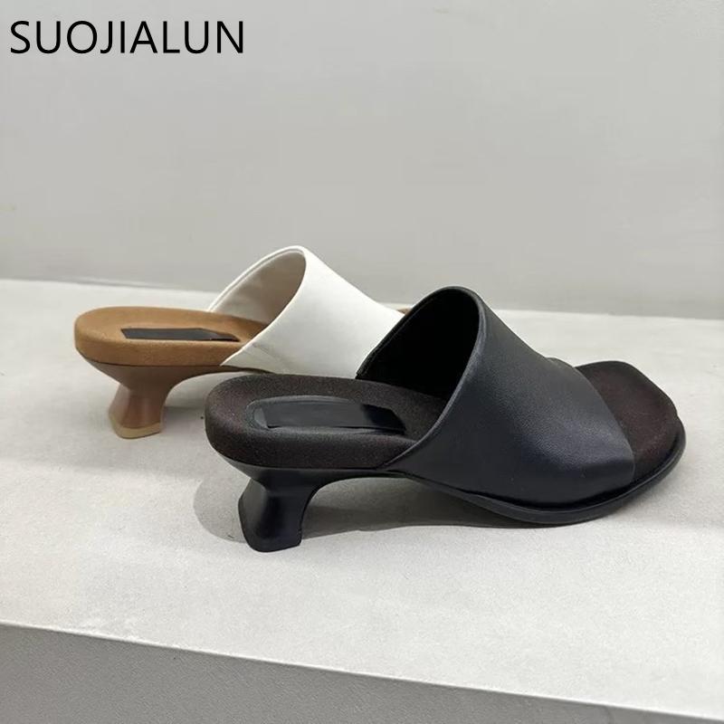 Fashion SUOJIALUN 2025 Summer New Brand Women Slipper Fashion Square Toe Slip On Ladies Elegant Slides Square Med Heel Casual Sandal Sho