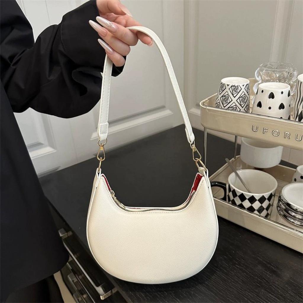 Damen Mond-Schultertasche aus PU-Leder, Einfache einfarbige Unterarm-Clutch-Tasche, Modische lässige Handtasche