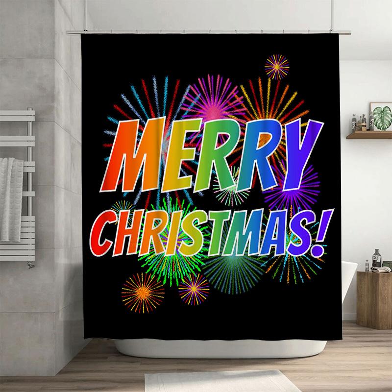 

Merry Christmas Shower Curtain With Firework Burst, Multicolor Gradient Text On Black For A Vibrant Holiday Bathroom W60H190(CM)-1 Pcs