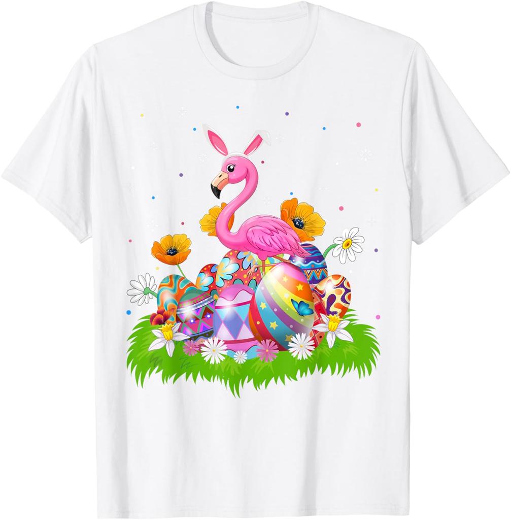Flamingo Easter Bunny Ears Eggs Graphic Tee Cotton Casual Short Sleeve T-Shirt