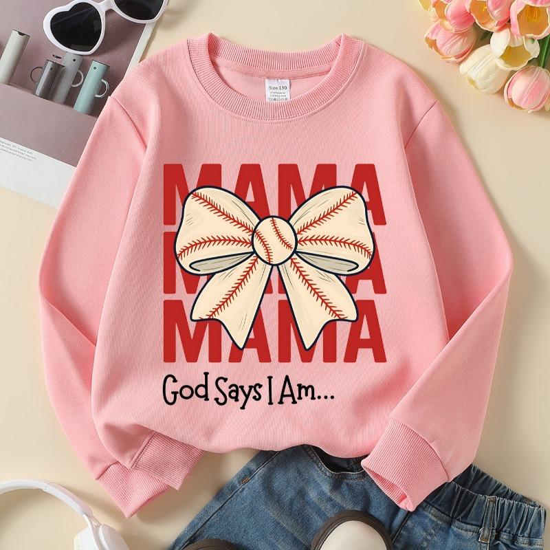 Kids Crewneck Long Sleeve Sweatshirt,Mama Baseball Bow Print