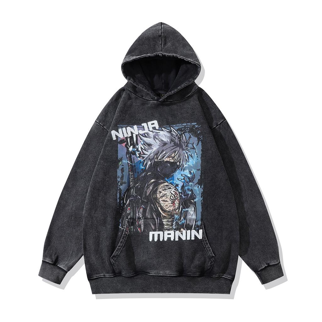 American High Street Design Niche Printed Hooded Sweatshirt For Men And Women Y2K Hip Hop Wind Wash Old Jacket