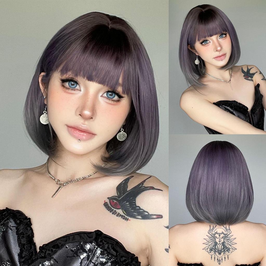 European and American Fashion Bob Wig, Purple Gradient Short Straight High-Temperature Fiber Hairpiece