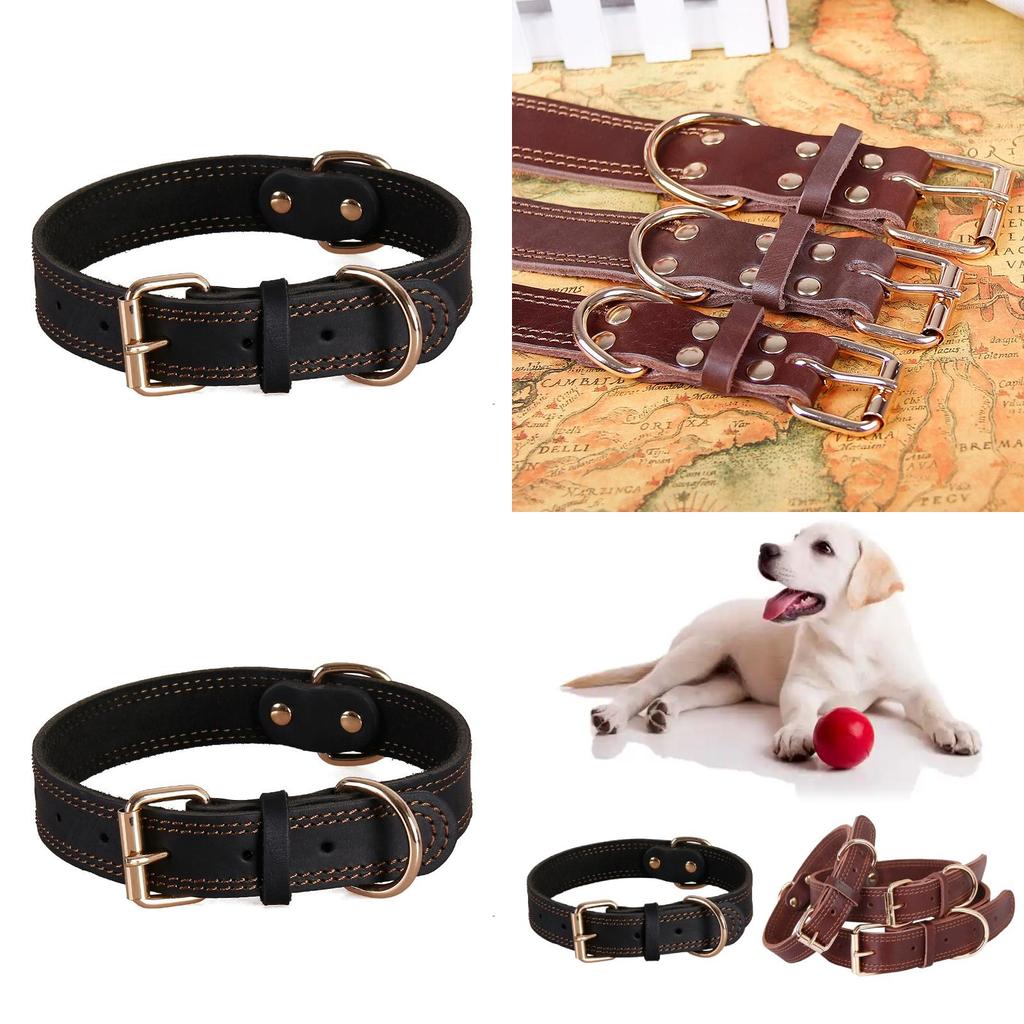 Classic Leather Dog Collar With Vintage Brass Buckle For Medium To Large Dogs