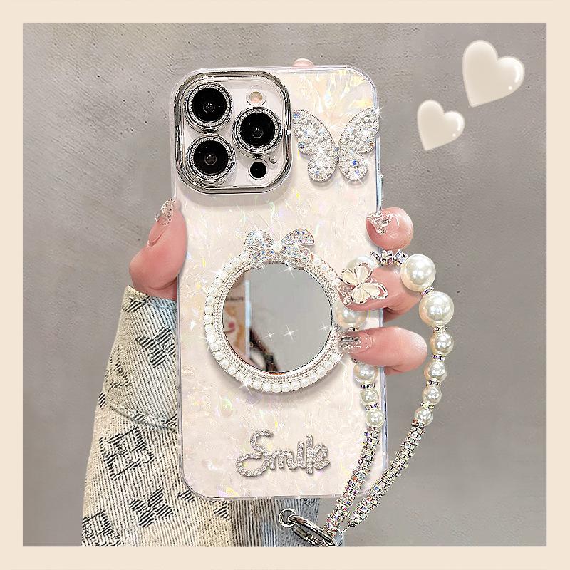 Pearl Mirror Bracelet Is Suitable for Apple 16 Mobile Phone Case 15promax Light Luxury 14 Advanced Sense 13 Girls 17 Anti-drop