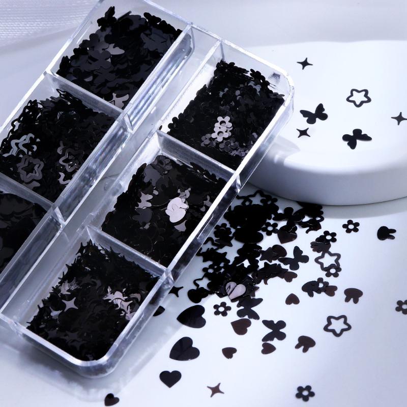 

6 Grids Black Heart-Shaped Butterfly Star Nail Glitter Mixed Decor Manicure Flakes Paillettes Stunning Seqiuns Diy Nail Manicure