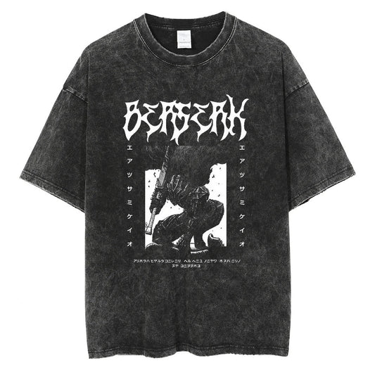 Japanischer Anime Berserk Retro Gewaschenes T-Shirt Herren und Damen Neu Sommer Harajuku Kleidung Lässig Rundhals Kurzärmeliges Oberteil