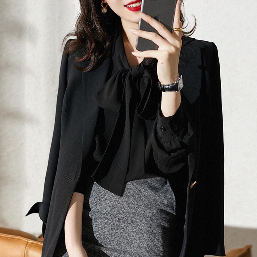 Women's Versatile Chiffon Bow Tie Lace Long Sleeve Shirt