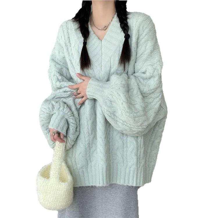 2025 Women's V-Neck Cable Knit Sweater - Autumn/Winter Loose-Fit, Warm, Niche Design