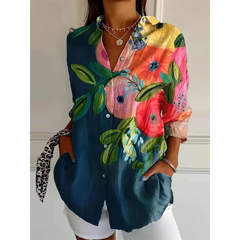 Camisa de mujer ajustada con botones, estilo casual, con estampado de flores de anacardo, ideal para uso diario. Camisa de solapa de talla grande.