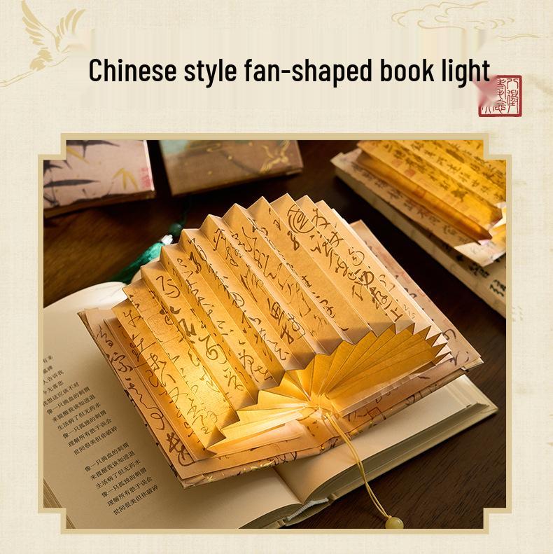 Burning Glass Bead Fan-Shaped Lamp: Oil Painting-Inspired Book Lamp with Calligraphy Text - Creative Ancient Style Gift.
