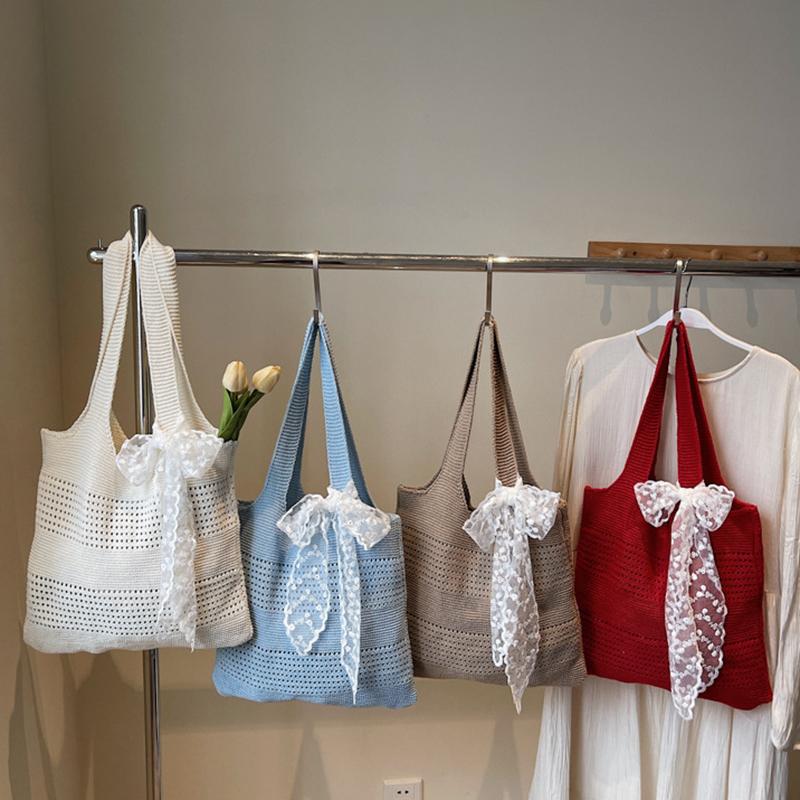 Yogodlns Summer Beach Tote Bag Women New Fashion Hollow Out Weave Shoulder Bags Female Lace Decorate Handbags