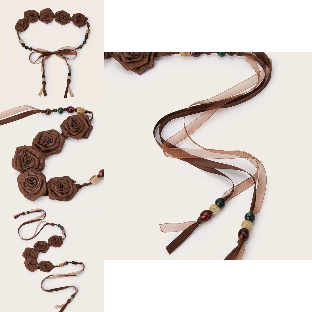 Ethnic Style Skinny Waist Band With Fabric Flower Decor For Boho Dresses