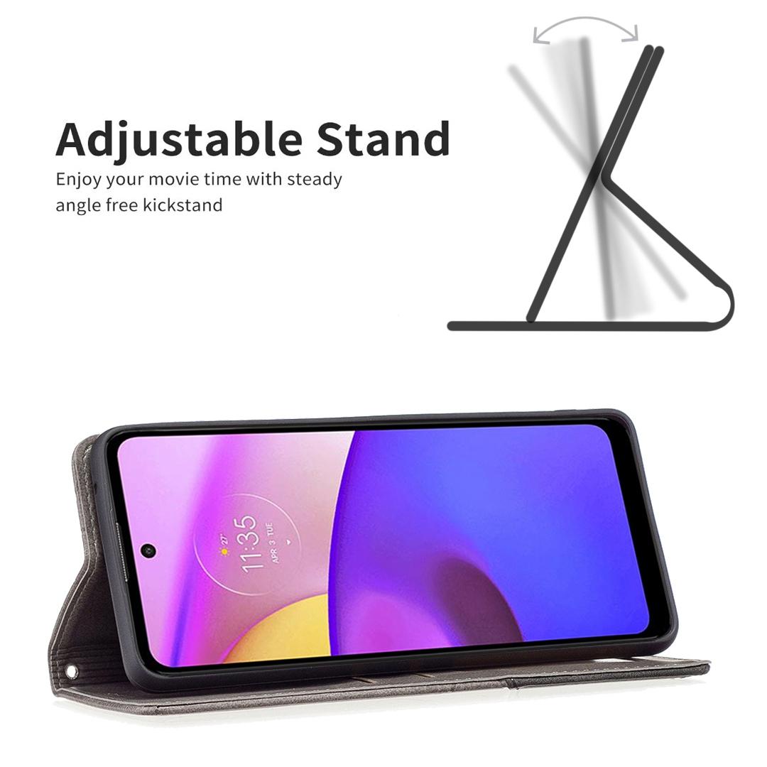 

For Motorola Moto E30/E40 Leather Case with Card Holder Imprinting Pattern Phone Stand Cover Grey